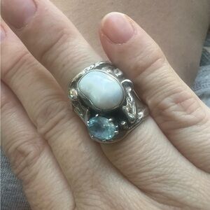 Artisan Crafted Chunky Sterling Silver Aquamarine and Pearl Ring